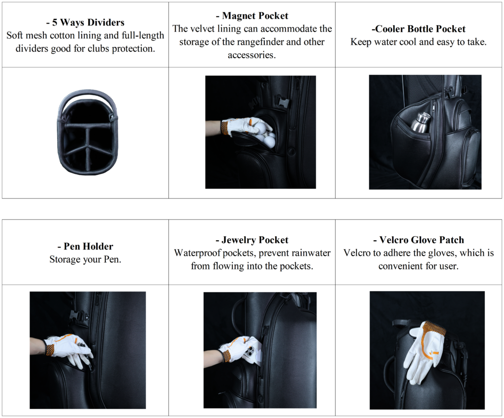 5 Way Divider White PU Leather Golf Stand Bag detials
