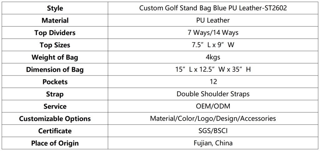 Custom Golf Stand Bag Blue PU Leather detials