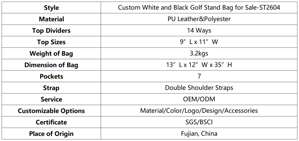 Custom White and Black Golf Stand Bag for Sale dimension
