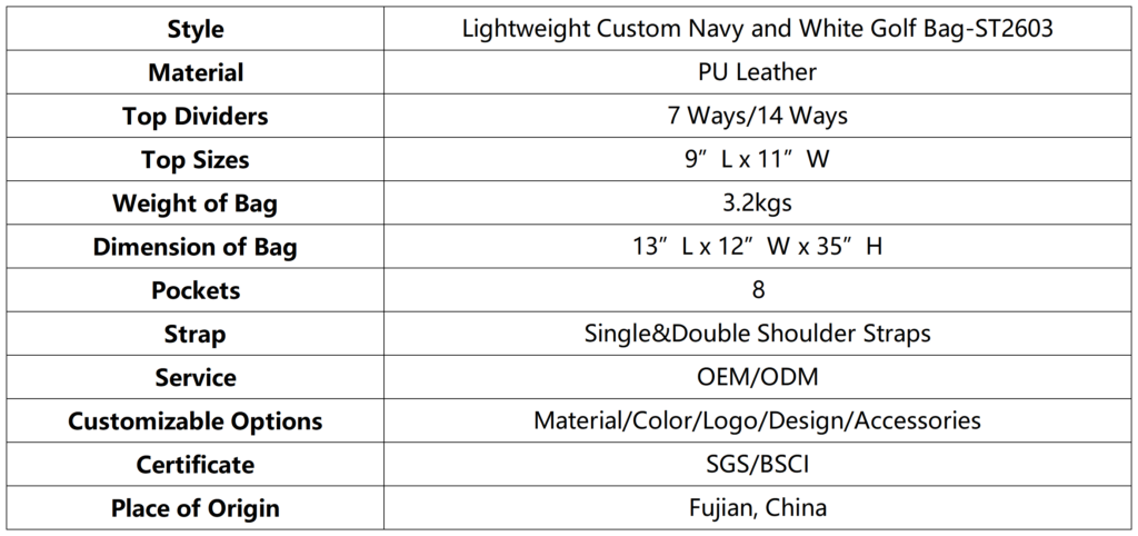 Lightweight Custom Navy and White Golf Bag dimension