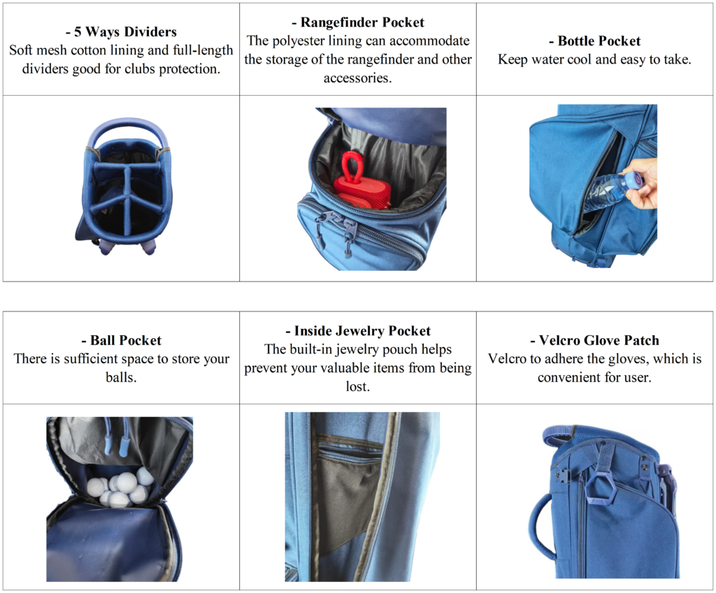 5 Way Top Navy Blue Nylon Golf Stand Bags Details