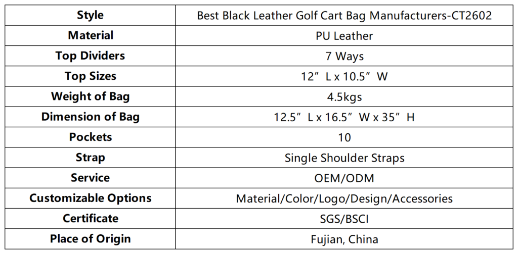 Best Black Leather Golf Cart Bag Manufacturers dimension