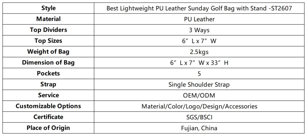 Best Lightweight PU Leather Sunday Golf Bag with Stand dimension