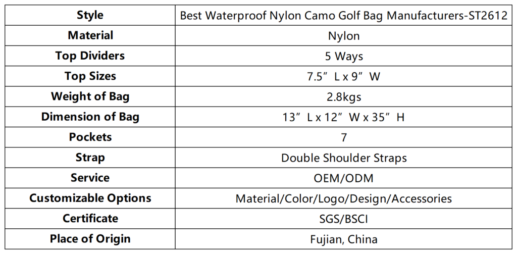 Best Waterproof Nylon Camo Golf Bag Manufacturers dimension