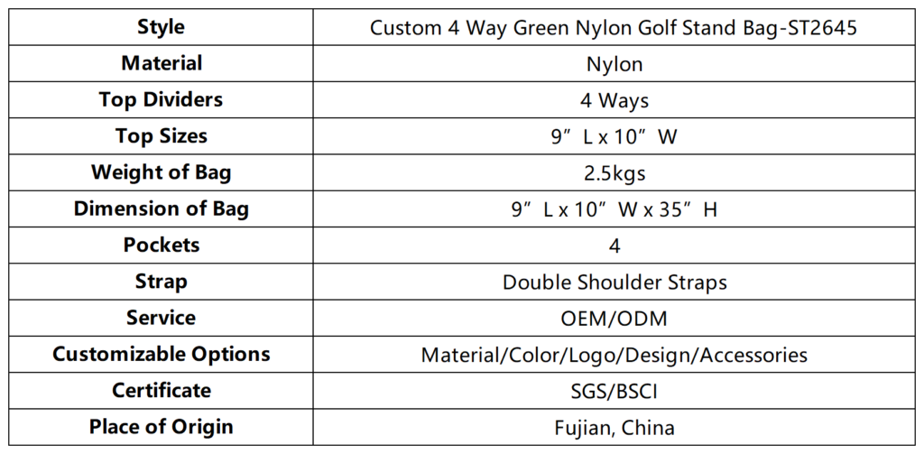 Custom 4 Way Green Nylon Golf Stand Bag dimension