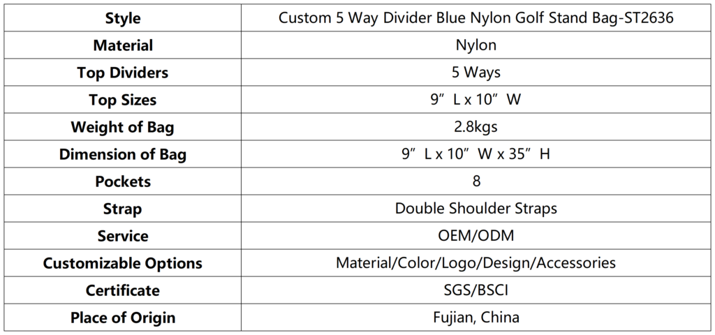 Custom 5 Way Divider Blue Nylon Golf Stand Bag dimension