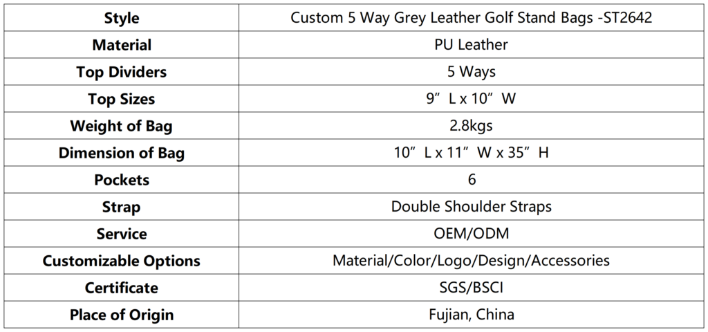Custom 5 Way Grey Leather Golf Stand Bags dimension