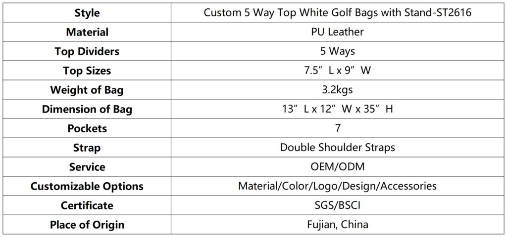 Custom 5 Way Top White Golf Bags with Stand