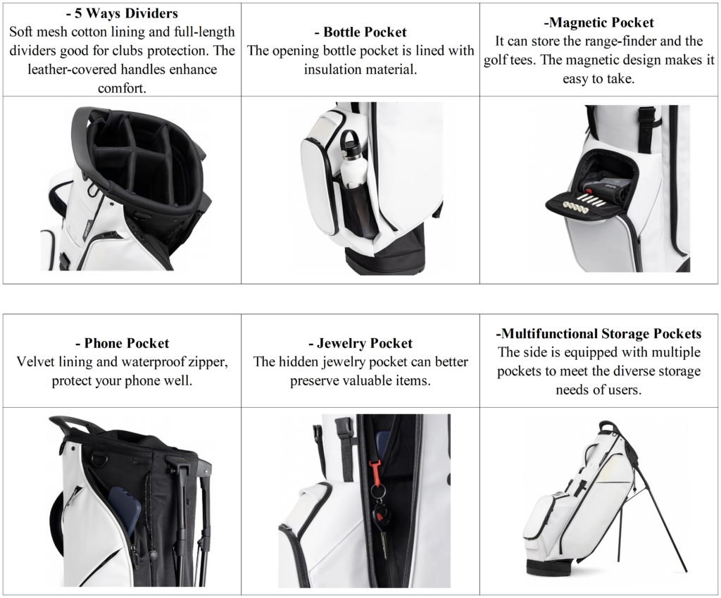 Custom 5 Way Top White Golf Bags with Stand Detail