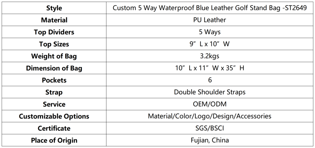 Custom 5 Way Waterproof Blue Leather Golf Stand Bag dimension