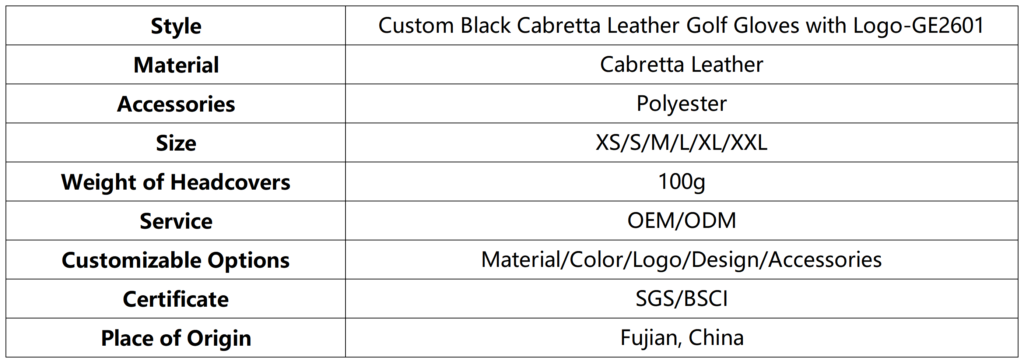 Custom Black Cabretta Leather Golf Gloves with Logo dimension