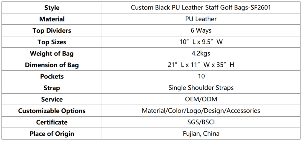 Custom Black PU Leather Staff Golf Bags dimension