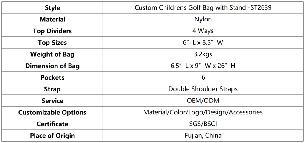 Custom Childrens Golf Bag with Stand dimension