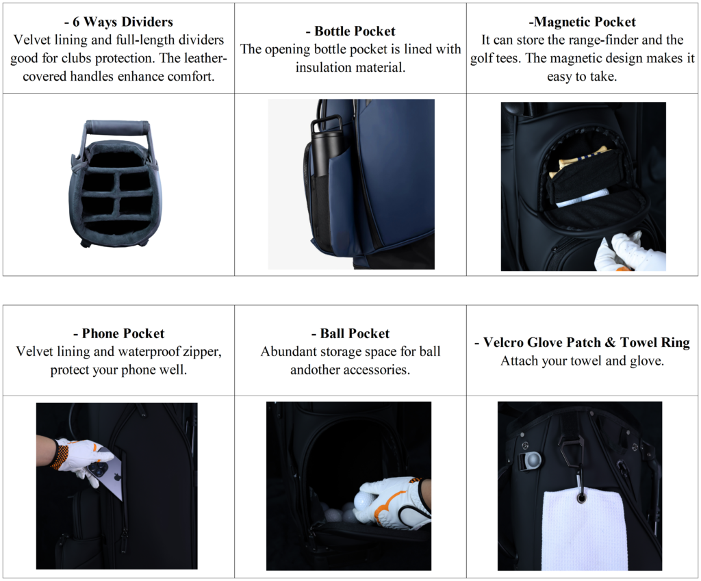 Custom Lightweight Blue Leather Golf Stand Bag Details