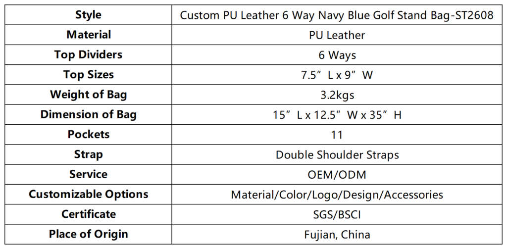 Custom PU Leather 6 Way Navy Blue Golf Stand Bag dimension