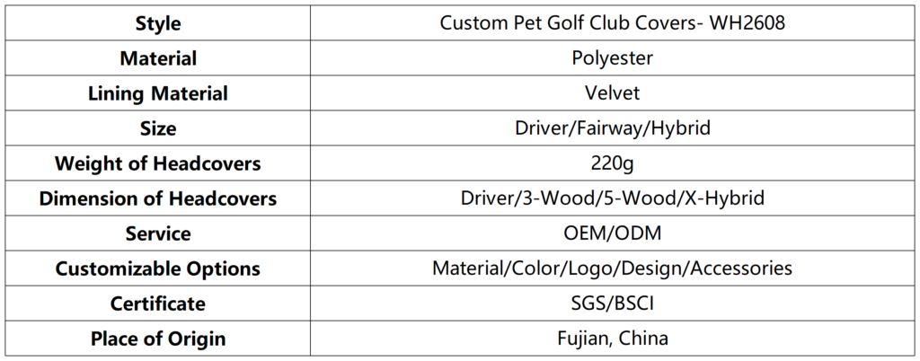 Custom Pet Golf Club Covers dimension
