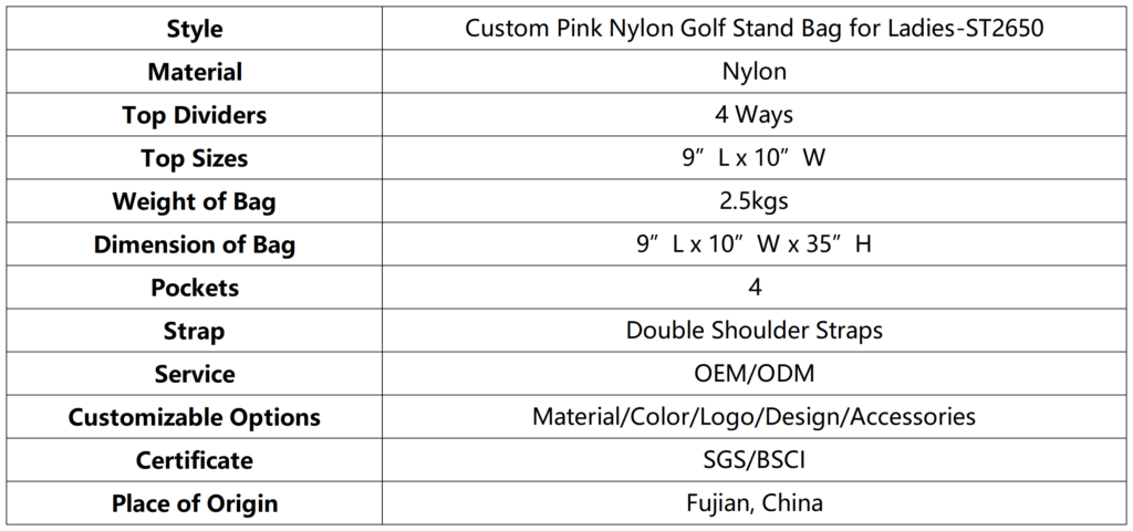 Custom Pink Nylon Golf Stand Bag for Ladies dimension
