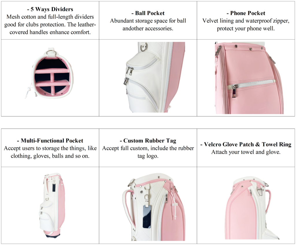 Custom Pink and White PU Leather Staff Golf Bags Details