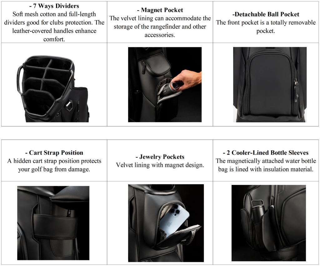 Custom Waterproof Leather Golf Cart Bag Black detials