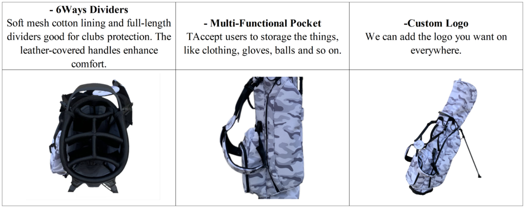 Custom Waterproof Nylon Camo Golf Bag with Stand Details