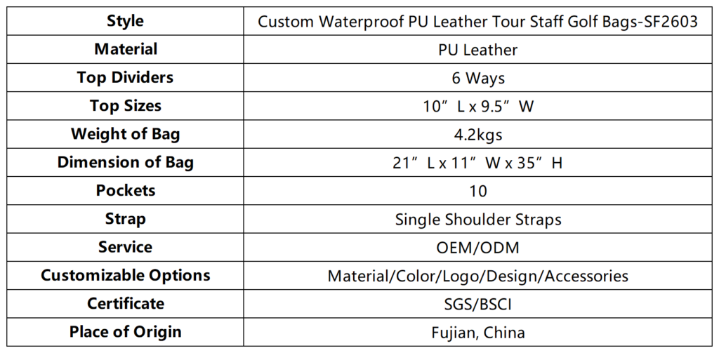Custom Waterproof PU Leather Tour Staff Golf Bags dimension