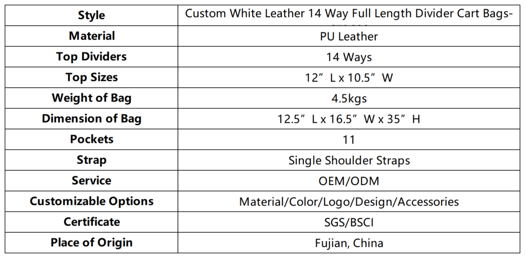 Custom White Leather 14 Way Full Length Divider Cart Bags dimension