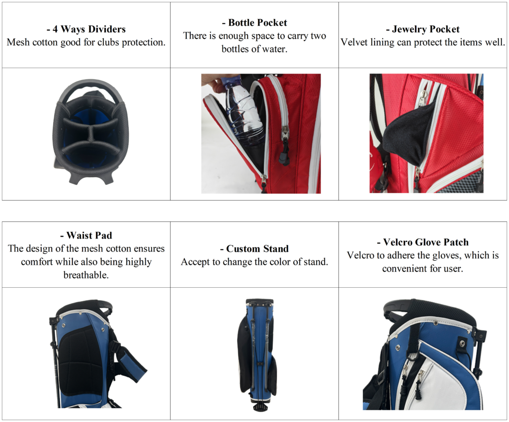 Custom White and Blue Junior Golf Bag Details