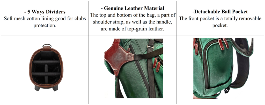 Genuine Leather and Green Canvas Golf Stand Bag detials