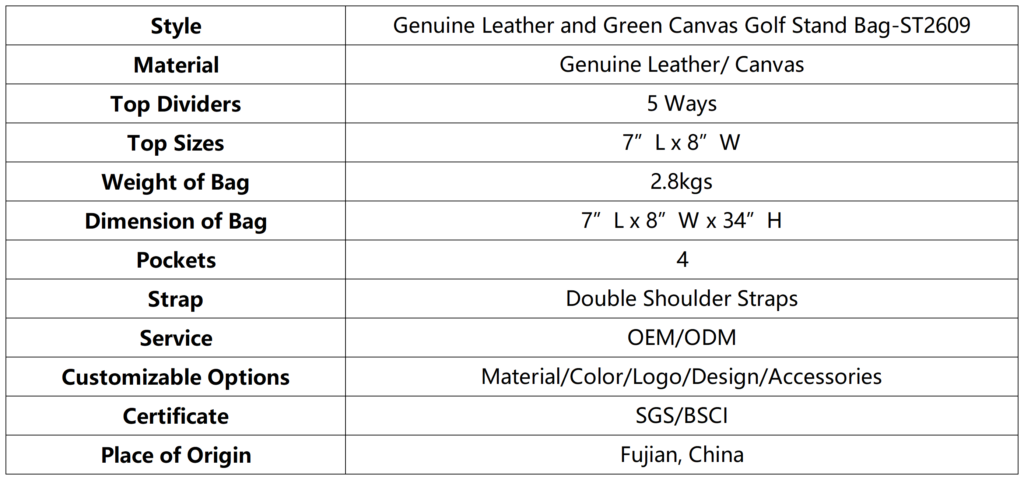 Genuine Leather and Green Canvas Golf Stand Bag dimension