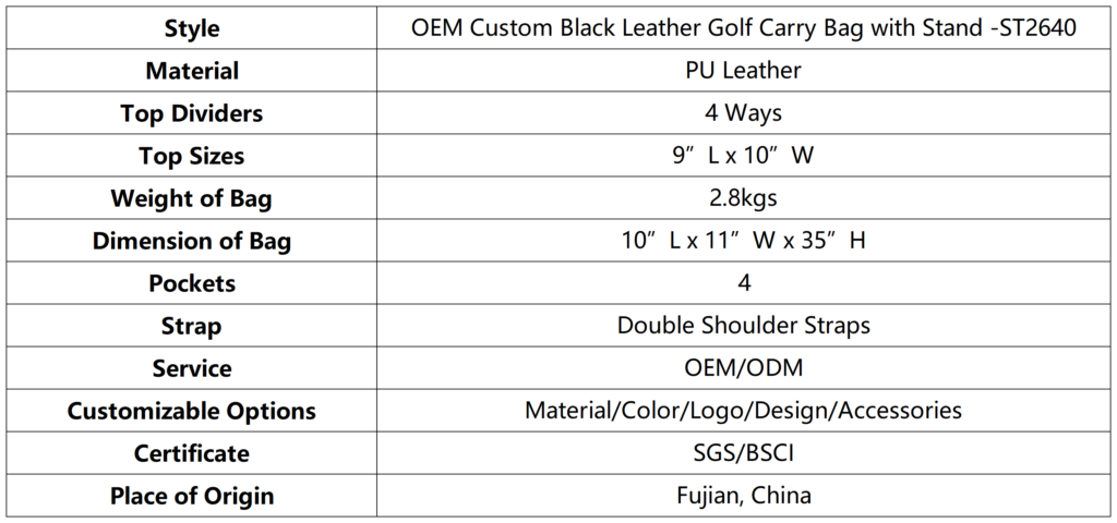 OEM Custom Black Leather Golf Carry Bag with Stand dimension
