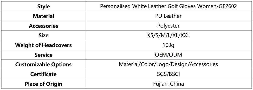 Personalised White Leather Golf Gloves Women dimension