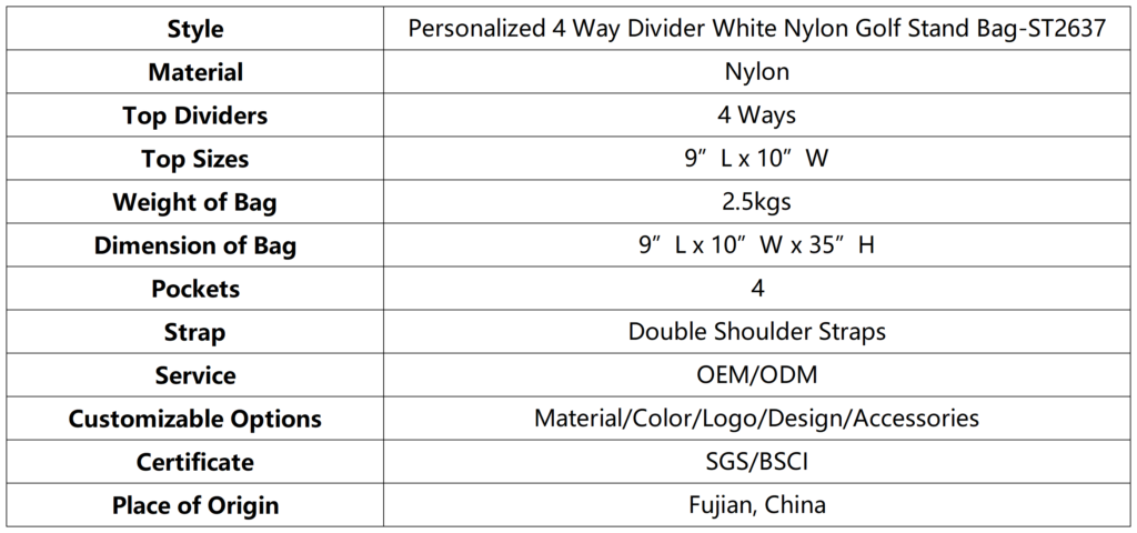 Personalized 4 Way Divider White Nylon Golf Stand Bag dimension