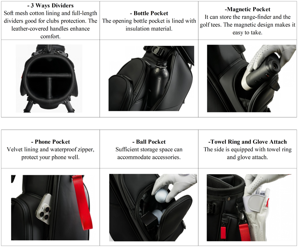 Personalized Black Leather Sunday Golf Stand Bags Detail