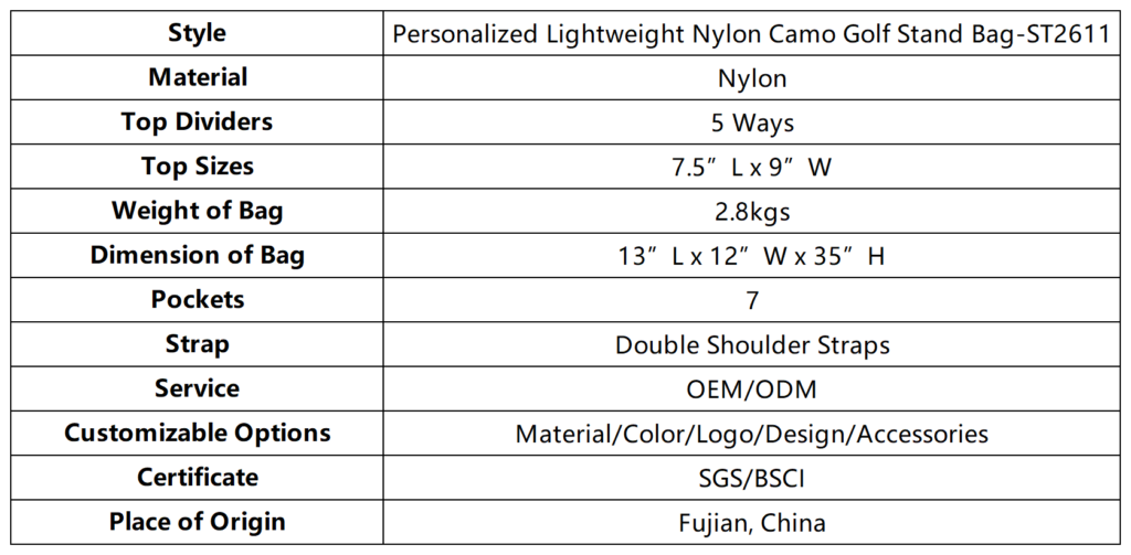 Personalized Lightweight Nylon Camo Golf Stand Bag dimension