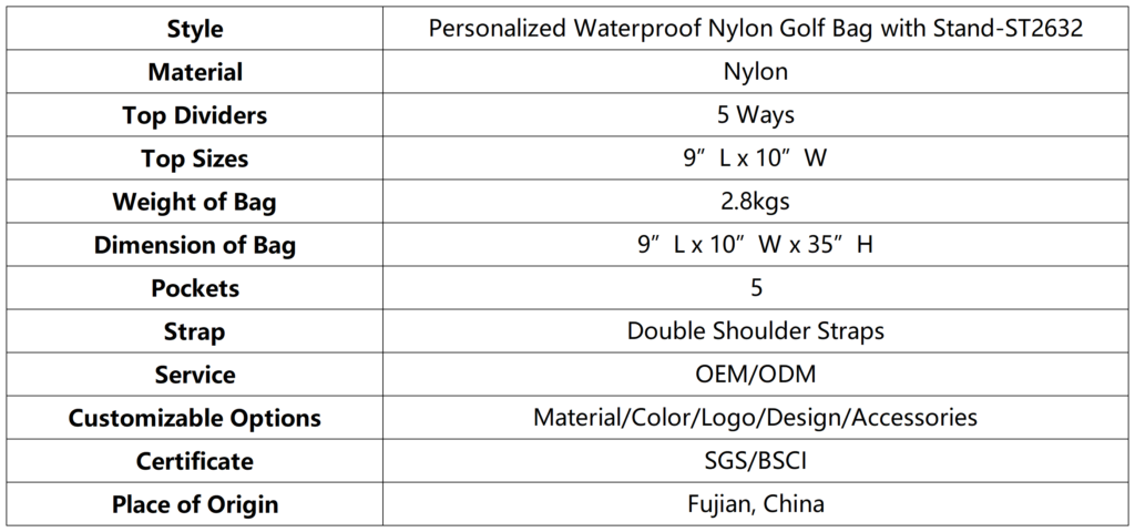 Personalized Waterproof Nylon Golf Bag with Stand dimension