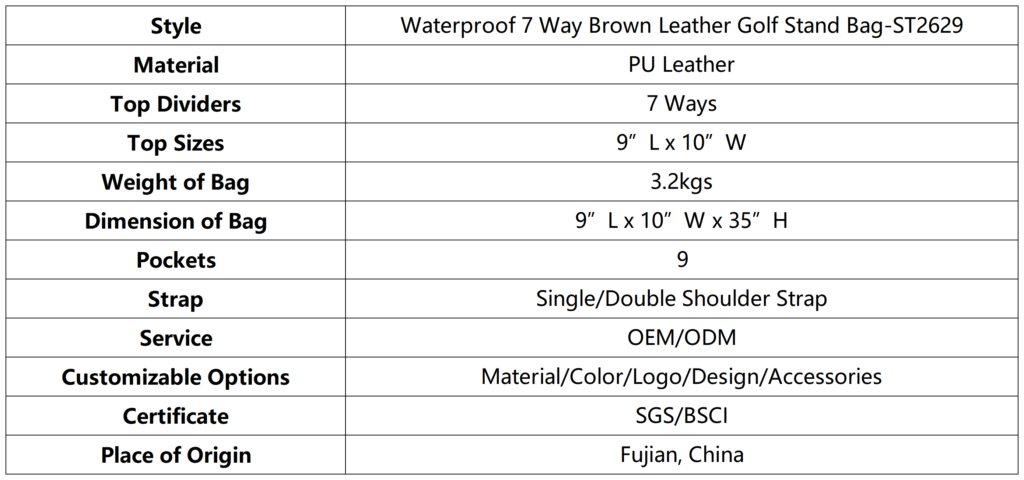 Waterproof 7 Way Brown Leather Golf Stand Bag dimension