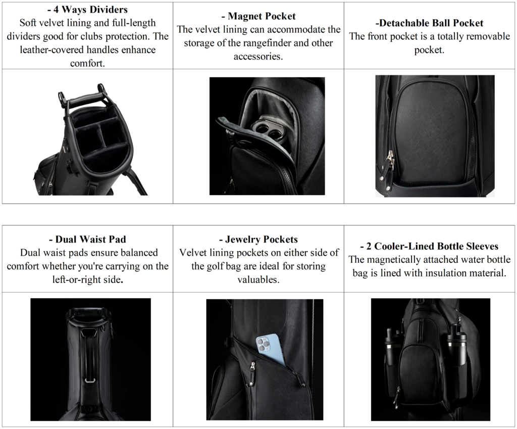B2B Black Leather 4 Way Top Golf Stand Bags Wholesale details
