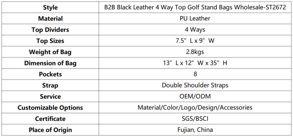 B2B Black Leather 4 Way Top Golf Stand Bags Wholesale dimension