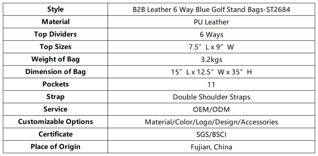B2B Leather 6 Way Blue Golf Stand Bags dimension
