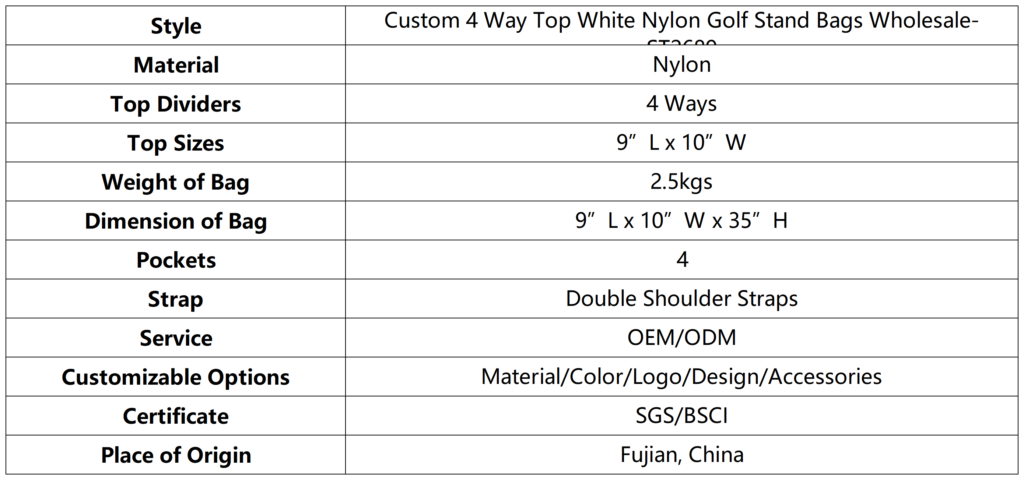 Custom 4 Way Top White Nylon Golf Stand Bags Wholesale dimension