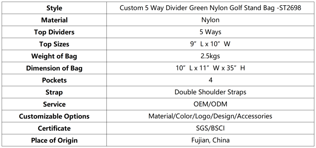 Custom 5 Way Divider Green Nylon Golf Stand Bag dimension