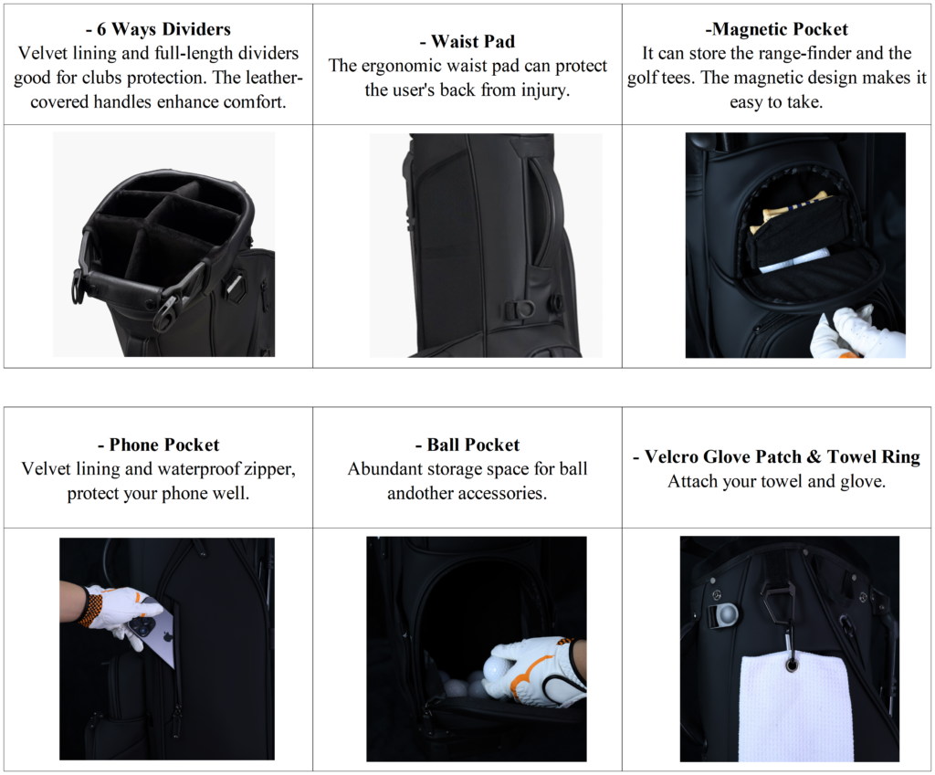 Custom 6 Way Divider Black Leather Golf Stand Bag B2B details