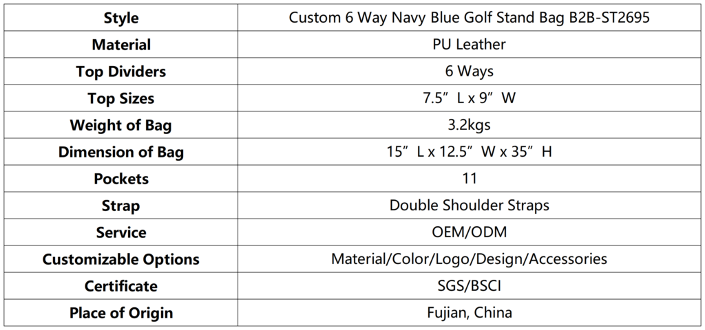 Custom 6 Way Navy Blue Golf Stand Bag B2B dimension