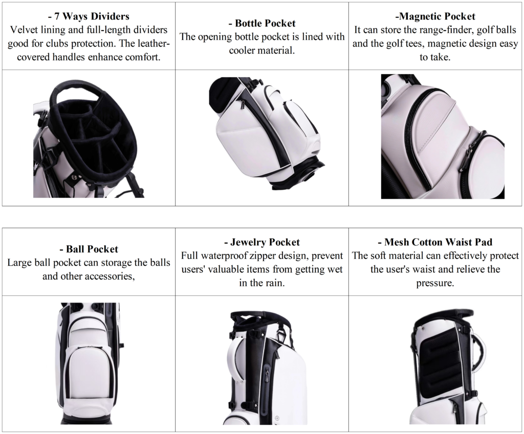 Custom 7 Way White Leather Golf Stand Bags B2B details