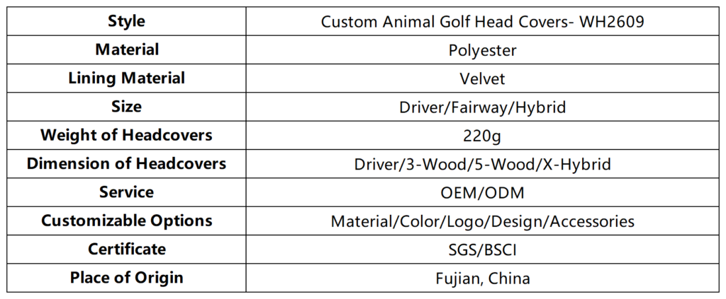 Custom Animal Golf Head Covers dimension