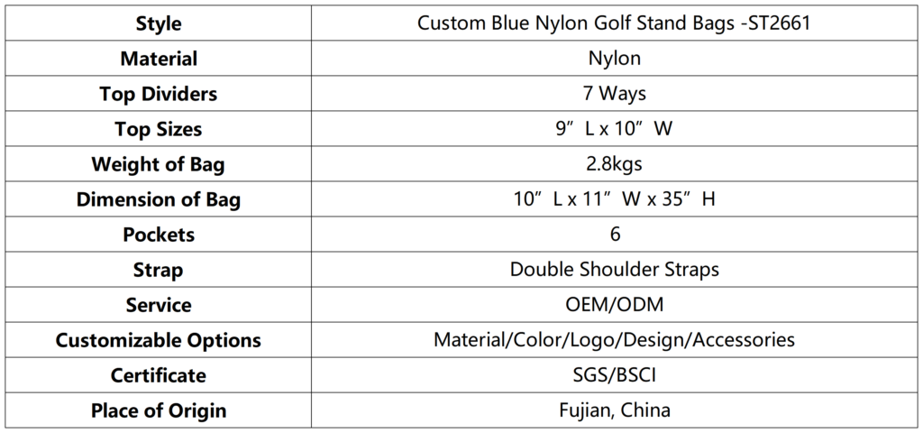 Custom Blue Nylon Golf Stand Bags dimension