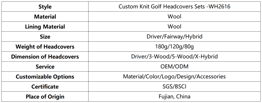 Custom Knit Golf Headcovers Sets dimension