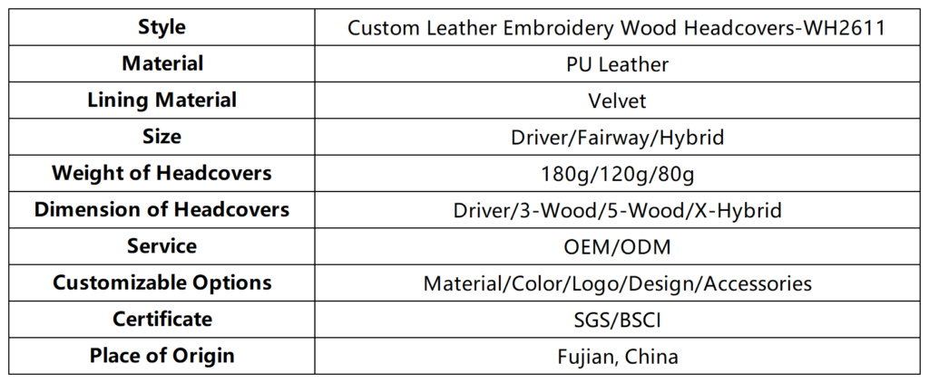 Custom Leather Embroidery Wood Headcovers dimension