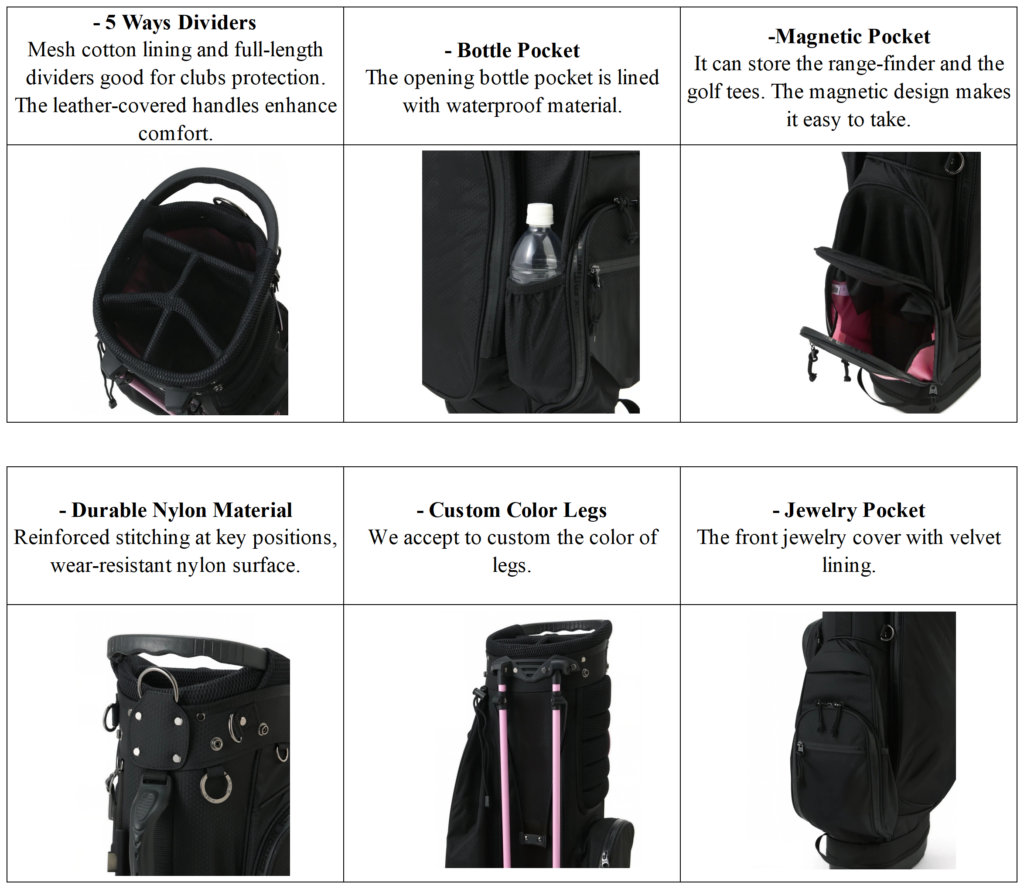 Custom Lightweight Black Nylon Golf Stand Bag B2B details
