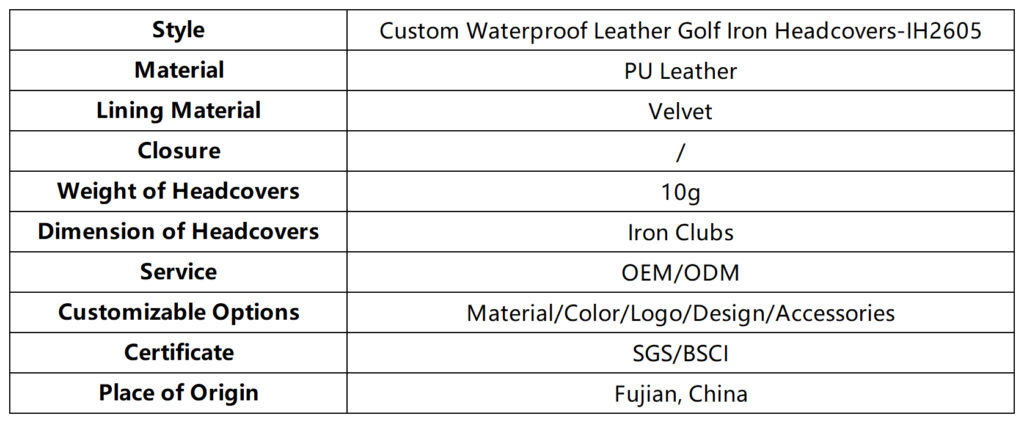 Custom Waterproof Leather Golf Iron Headcovers dimension
